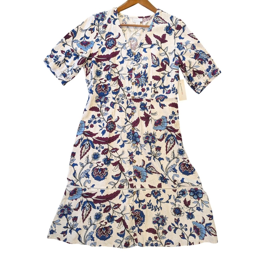 Liz Claiborne Floral Linen Blend Button Front Midi Dress White blue Size 6 NWT